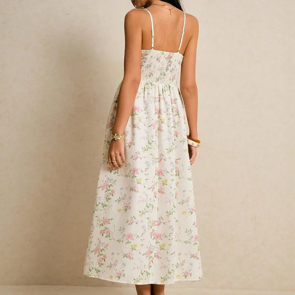 Multicolor Boho Women's Smocked Midi Sundress - Picture 2 of 8